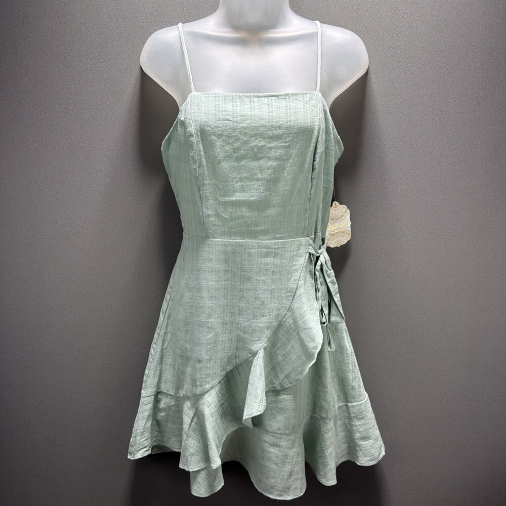 NWT Altar’d State Sage Green Faux Wrap Ruffle Mini Dress M Boho Cottagecore